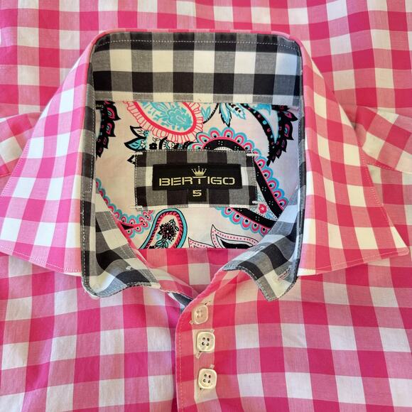 BERTIGO Pepe 52 Cotton Designer Shirt Men's Size XL Pink White Check NWOT - Picture 13 of 16